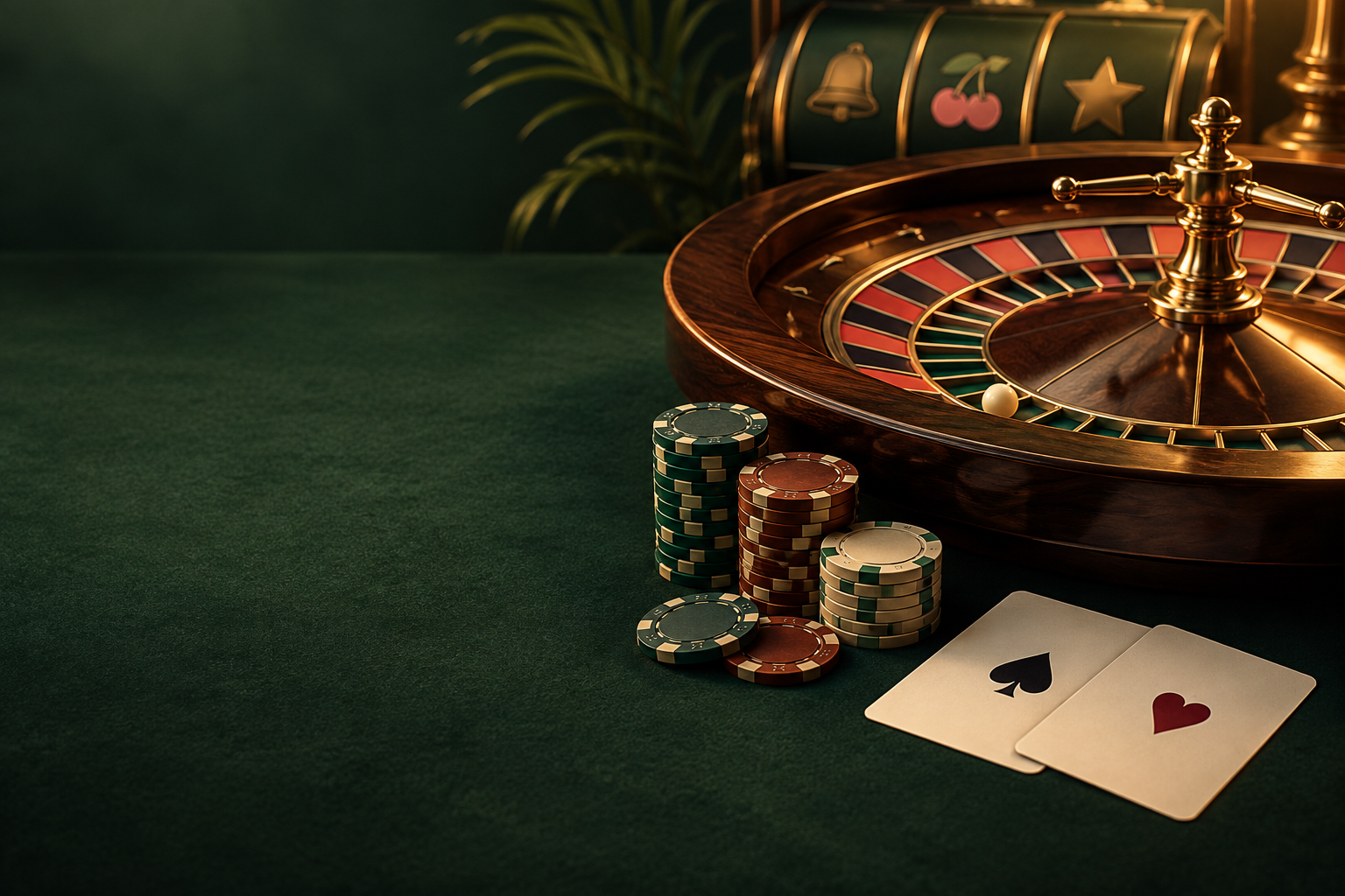 Ilustrasi roda roulette, kartu dan keping kasino dalam cahaya tembaga